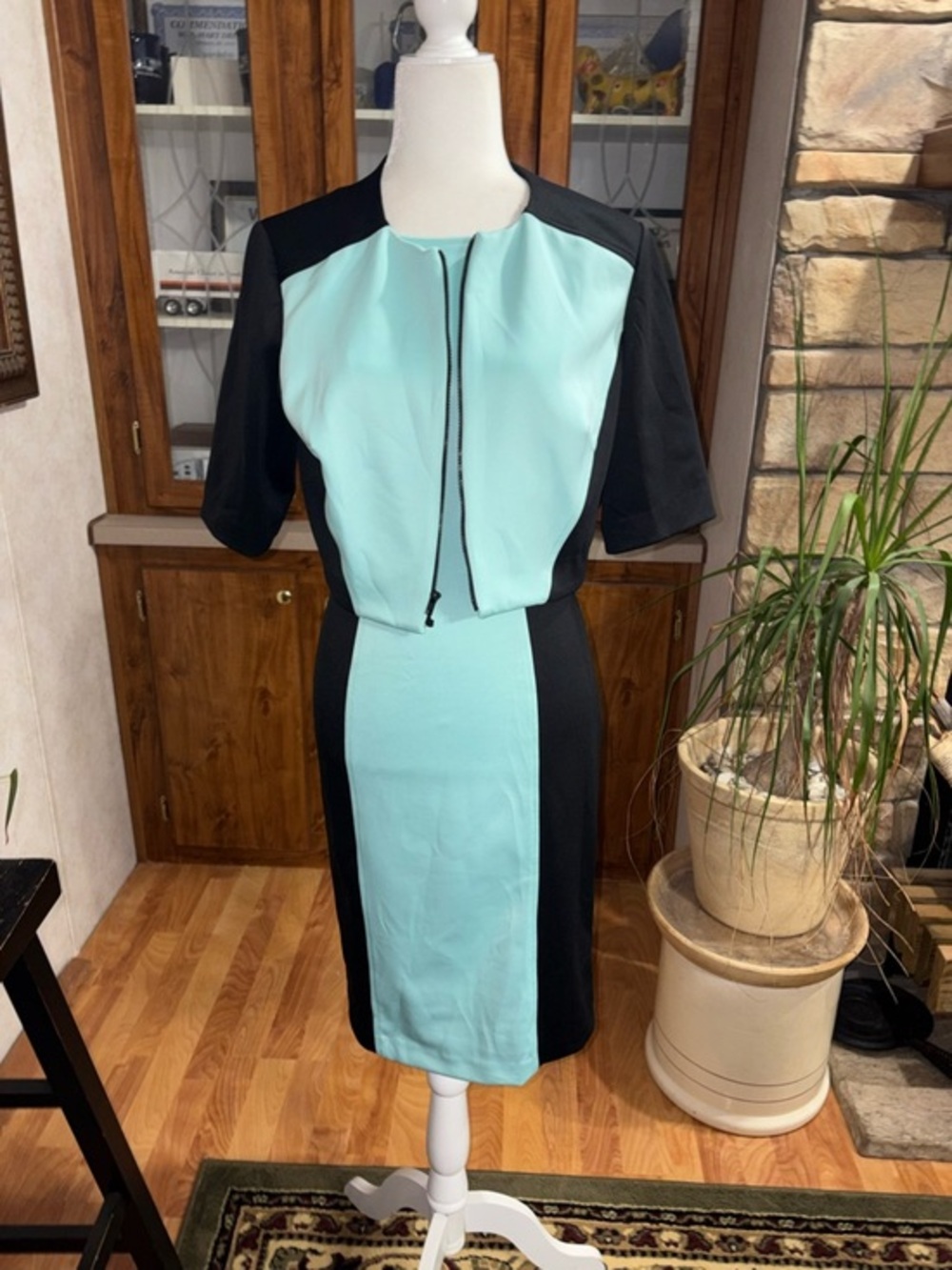 Aqua and Black Colorblock Sheath Dress with matching cropped jacket